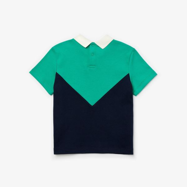 Lacoste Reverse Collar Colorblock Cotton Polo Shirt - Polo Dětské Bílé / Zelene / Tmavě Blankyt Blan